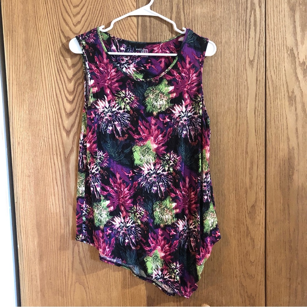 Sleeveless Size Large Floral Asymmetric Tropical Resort Purple Green Tank Top